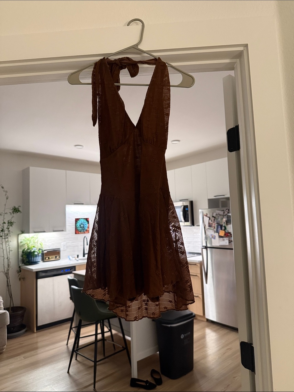 Brown Halter Lace Mini Dress